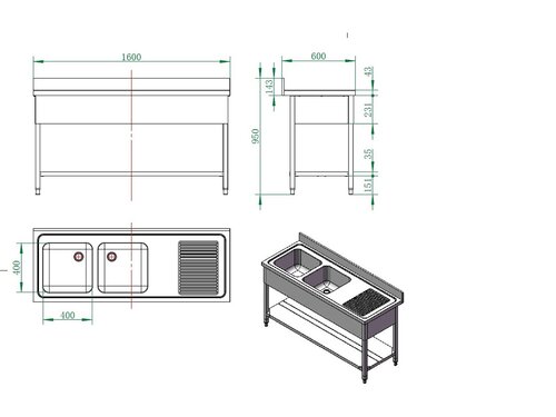 vaiotec EASYLINE 600 Sp�ltisch, 2 Becken links, Grundboden, BTH 1600 x 600 x 850 mm