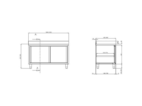 Edelstahl Arbeitsschrank PREMIUM, mit Schiebetüren und Aufkantung, BTH 1200 x 600 x 850 mm