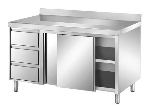 Edelstahl Arbeitsschrank PREMIUM, 3 Schubladen links, Schiebet�ren, BTH 1500 x 600 x 850 mm