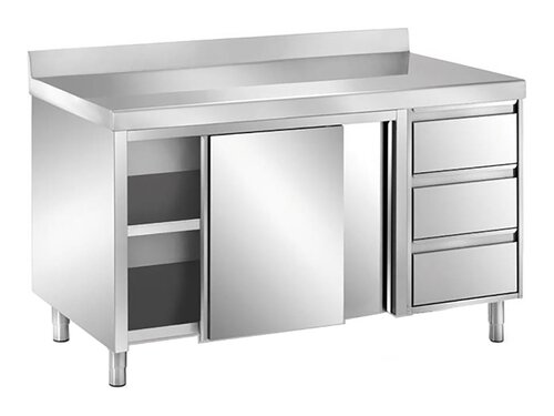 Edelstahl Arbeitsschrank PROFI, Schubladen rechts, Aufkantung, Schiebet�ren, BTH 1400 x 700 x 850 mm