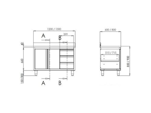 Edelstahl Arbeitsschrank PREMIUM, mit Aufkantung, Schiebetüren und Schubladen, BTH 1500 x 600 x 850 mm