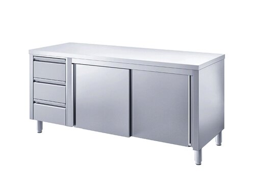 Edelstahl Arbeitsschrank PREMIUM, Schubladen links, Schiebet�ren, BTH 1400 x 700 x 850 mm