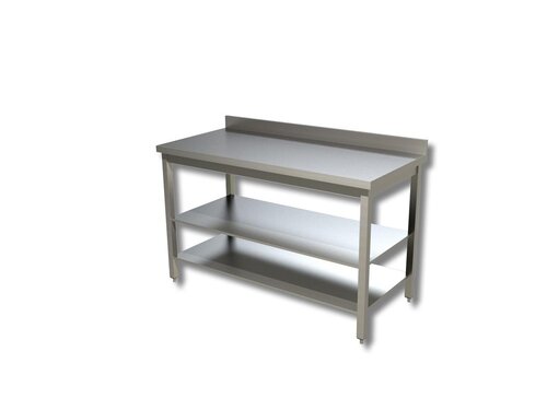 Edelstahl Arbeitstisch PREMIUM, 2 Grundboeden, Aufkantung, BTH 600 x 700 x 850 mm