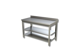 Edelstahl Arbeitstisch PREMIUM, 2 Grundboeden, Aufkantung, BTH 600 x 700 x 850 mm