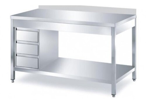 Edelstahl Arbeitstisch PREMIUM, 3 Schubladen links, Grundboden, Aufkantung, BTH 1600 x 600 x 850 mm