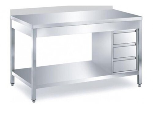 PREMIUM Arbeitstisch Edelstahl, 3 Schubladen rechts, Grundboden, Aufkantung, BTH 1000 x 700 x 850 mm