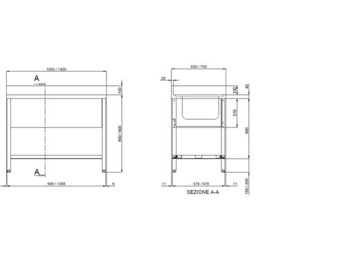 vaiotec TOPLINE 700 Sp�ltisch, 1 Becken links, Abtropffl�che, Grundboden, BTH 1000 x 700 x 850 mm