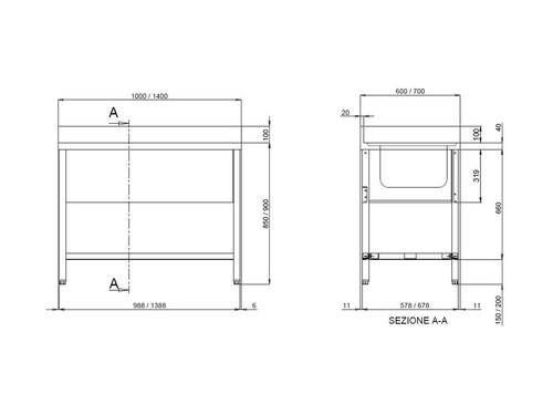 vaiotec TOPLINE 700 Sp�ltisch, 1 Becken links, Abtropffl�che, Grundboden, BTH 1400 x 700 x 850 mm