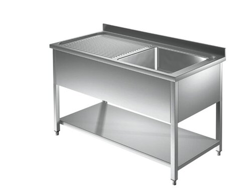 Edelstahl Sp�ltisch PROFI, 1 Becken rechts, Abtropffl�che, Grundboden, BTH 1400 x 600 x 850 mm