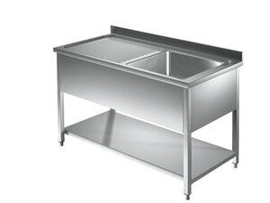 Edelstahl Sp�ltisch PROFI, 1 Becken rechts, Abtropffl�che, Grundboden, BTH 1500 x 600 x 850 mm