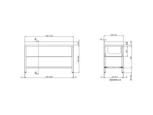 vaiotec TOPLINE 700 Sp�ltisch, 2 Becken links, Abtropffl�che, Grundboden, BTH 1400 x 700 x 850 mm