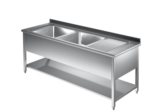 Edelstahl Sp�ltisch PROFI, 2 Becken, Abtropffl�che, Grundboden, BTH 1500 x 700 x 850 mm