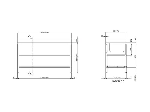 vaiotec TOPLINE 700 Sp�ltisch, 2 Becken links, Abtropffl�che, Grundboden, BTH 2000 x 700 x 850 mm