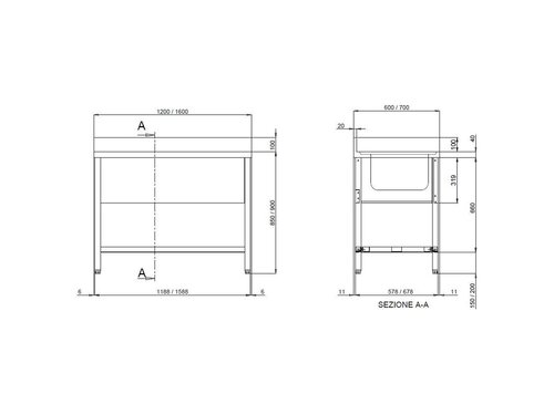 vaiotec TOPLINE 600 Sp�ltisch, 2 Becken mittig, Grundboden, BTH 1000 x 600 x 850 mm