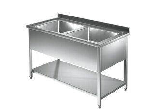 Edelstahl Sp�ltisch PROFI, 2 Becken, l�rmisoliert, Grundboden, BTH 1400 x 600 x 850 mm
