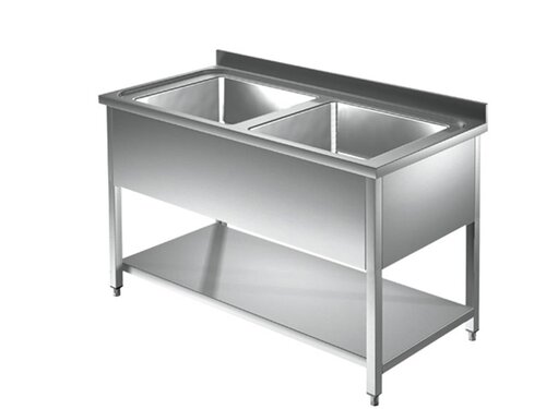 Edelstahl Sp�ltisch PROFI, 2 Becken, l�rmisoliert, Grundboden, BTH 1400 x 700 x 850 mm