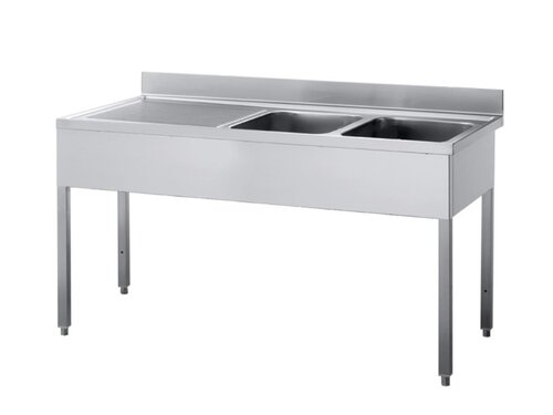 Edelstahl Sp�ltisch PREMIUM, 2 Becken rechts, Abtropffl�che, h�henverstellbar, BTH 1600 x 600 x 850 mm