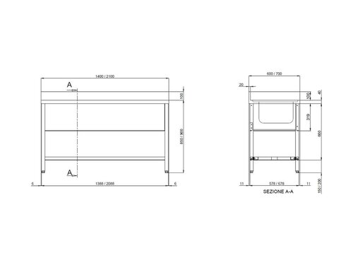 vaiotec TOPLINE 700 Sp�ltisch, 2 Becken rechts, Abtropffl�che, Grundboden, BTH 2000 x 700 x 850 mm