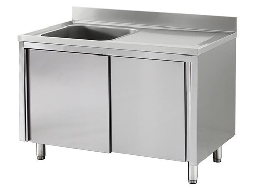 Edelstahl Sp�lschrank PREMIUM, 1 Becken links, Abtropffl�che, Schiebet�ren, BTH 1500 x 600 x 850 mm