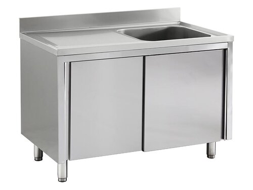 Edelstahl Sp�lschrank PREMIUM, 1 Becken rechts, Abtropffl�che, Schiebet�ren, BTH 1600 x 600 x 850 mm