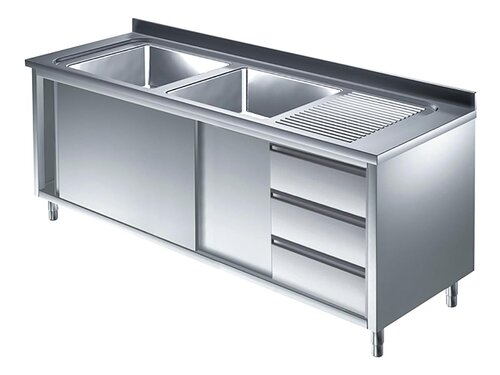 Edelstahl Sp�lschrank PREMIUM, 2 Becken links, Schubladenblock, Schiebet�ren, BTH 1400 x 700 x 850 mm