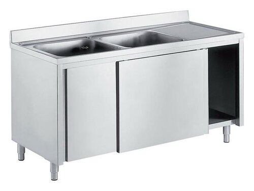 Edelstahl Sp�lschrank PREMIUM, 2 Becken links, Schiebet�ren, Abtropffl�che, BTH 1600 x 600 x 850 mm