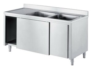 PREMIUM Sp�lschrank Edelstahl, 2 Becken rechts, Schiebet�ren, Abtropffl�che, BTH 1400 x 600 x 850 mm