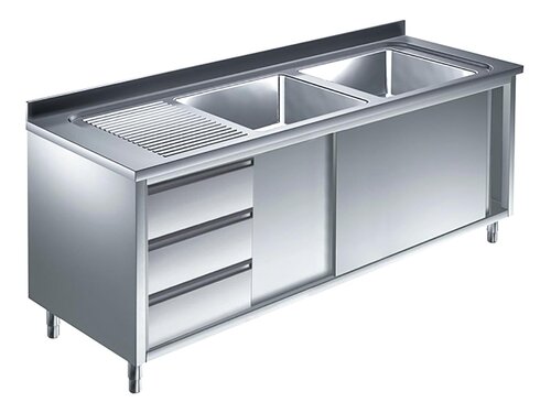 Edelstahl Sp�lschrank PREMIUM, 2 Becken rechts, Schubladenblock links, Schiebet�ren, BTH 1400 x 600 x 850 mm