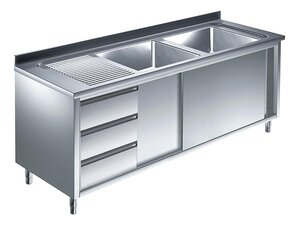 Edelstahl Sp�lschrank PREMIUM, 2 Becken rechts, Schubladenblock links, Schiebet�ren, BTH 1400 x 700 x 850 mm