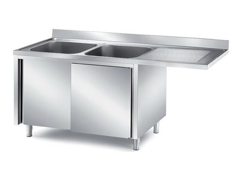 Edelstahl Sp�lzentrum PREMIUM, 2 Becken links, Schiebet�ren, Abtropffl�che, BTH 2000 x 600 x 850 mm