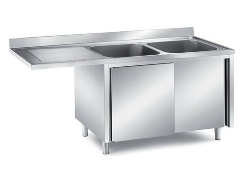 Edelstahl Sp�lzentrum PREMIUM, 2 Becken rechts, Schiebet�ren, Abtropffl�che, BTH 2000 x 700 x 850 mm