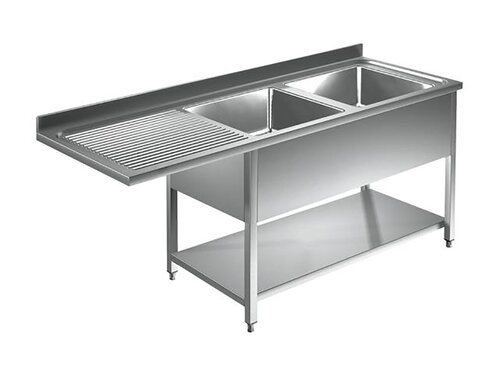 Edelstahl Spuelzentrum PREMIUM, 2 Becken rechts, Abtropfflaeche, Grundboden, BTH 2000 x 700 x 850 mm