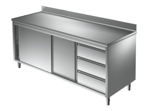 Edelstahl Arbeitsschrank PREMIUM, Bautiefe 60 cm, 3 Schubladen rechts, mit Schiebetüren und Aufkantung, in verschiedenen Breiten