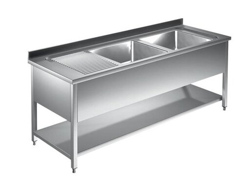 Edelstahl Sp�ltisch PROFI, 2 Becken rechts, Abtropffl�che, Grundboden, BTH 1500 x 700 x 850 mm