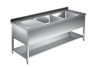 Edelstahl Sp�ltisch PROFI, 2 Becken rechts, Abtropffl�che, Grundboden, BTH 1500 x 700 x 850 mm