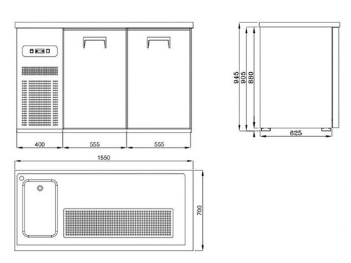 Ausschanktheke mit 2 Türen, 1 Spülbecken links, BTH 1550 x 700 x 950 mm