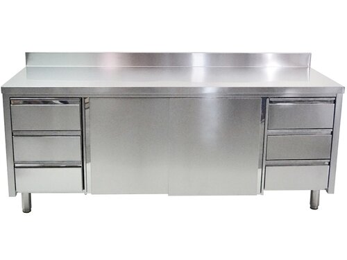 Edelstahl Arbeitsschrank PREMIUM, Schiebet�ren, Schubladenblock links und rechts, Aufkantung, BTH 2000 x 600 x 850 mm