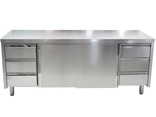 Edelstahl Arbeitsschrank PREMIUM, Schiebet�ren, Schubladenblock links/rechts, BTH 1600 x 700 x 850 mm