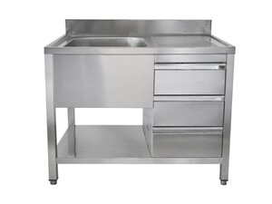 Edelstahl Sp�ltisch PREMIUM, 1 Becken links, Schubladen, Abtropffl�che, BTH 1000 x 600 x 850 mm