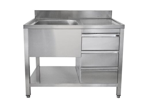 Edelstahl Sp�ltisch PREMIUM, 1 Becken links, 3 Schubladen, Abtropffl�che, BTH 1000 x 700 x 850 mm