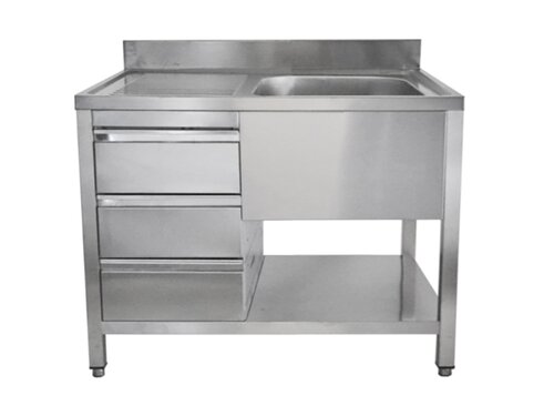 Edelstahl Sp�ltisch PREMIUM, 1 Becken rechts, 3 Schubladen, Abtropffl�che, BTH 1000 x 700 x 850 mm