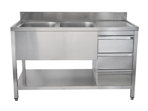 Edelstahl Sp�ltisch PREMIUM, 2 Becken links, Schubladen, Abtropffl�che, BTH 1400 x 600 x 850 mm