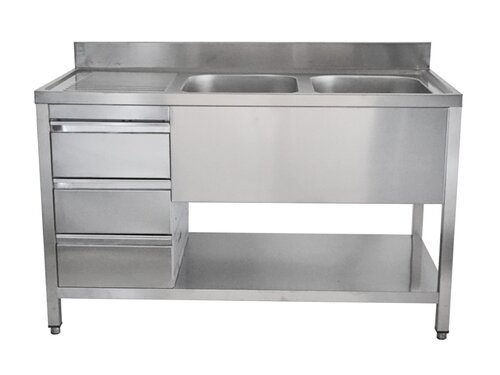 Edelstahl Sp�ltisch PREMIUM, 2 Becken rechts, Schubladen, Abtropffl�che, BTH 1400 x 700 x 850 mm