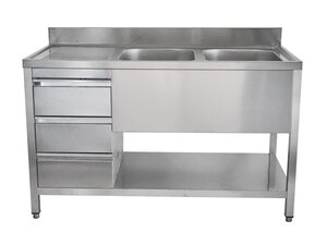 Edelstahl Sp�ltisch PREMIUM, 2 Becken rechts, Schubladen, Abtropffl�che, BTH 2000 x 700 x 850 mm