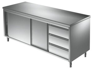 PREMIUM Arbeitsschrank Edelstahl, Fl�gelt�r, 3 Schubladen rechts, BTH 1000 x 600 x 850 mm