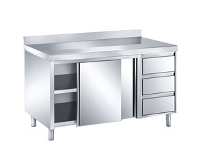 Edelstahl Arbeitsschrank PREMIUM, Fl�gelt�r, 3 Schubladen rechts, Aufkantung, BTH 1000 x 700 x 850 mm