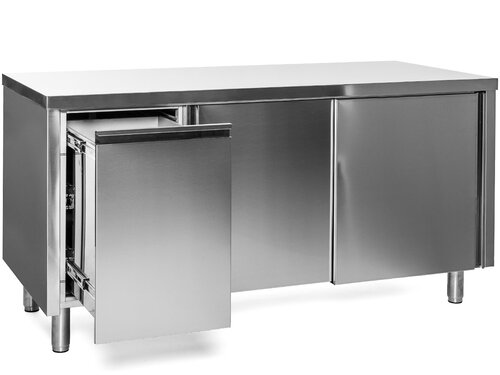 Edelstahl Arbeitsschrank PREMIUM, Abfallbehlter links, Flgeltr, ohne Aufkantung, BTH 1000 x 700 x 850 mm