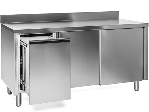 Edelstahl Arbeitsschrank PREMIUM, Abfallbeh�lter links, Schiebet�ren, Aufkantung, BTH 2000 x 600 x 850 mm