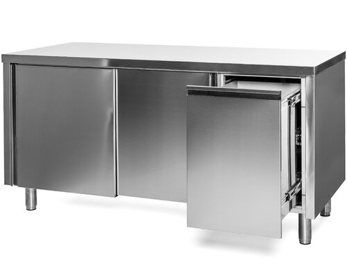 Edelstahl Arbeitsschrank PREMIUM, Abfallbehlter rechts, Schiebetren, ohne Aufkantung, BTH 1200 x 700 x 850 mm