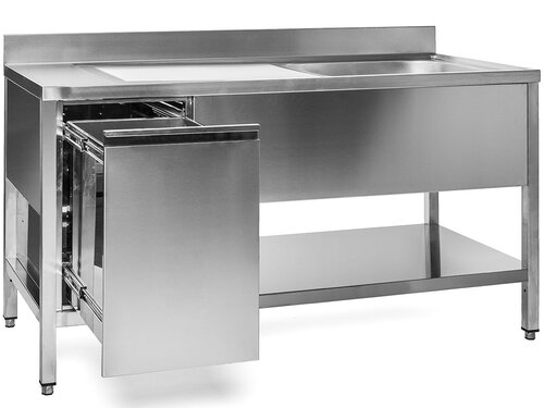 Edelstahl Sp�ltisch PREMIUM, 1 Becken rechts, Abfallbeh�lter links, Abtropffl�che, Grundboden, BTH 1000 x 700 x 850 mm